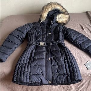 Women's Black Quilted Jacket with Faux Fur Hood
